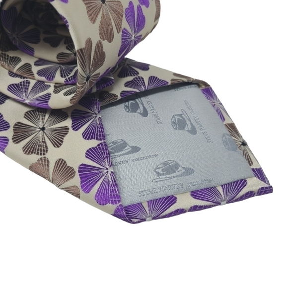 Steve Harvey | Men's Purple and Tan Floral Printed Silk Tie (One Size) - Picture 11 of 12